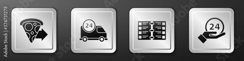 Set Online ordering pizza delivery, Fast delivery by car, Restaurant cafe menu and Clock 24 hours icon. Silver square button. Vector.