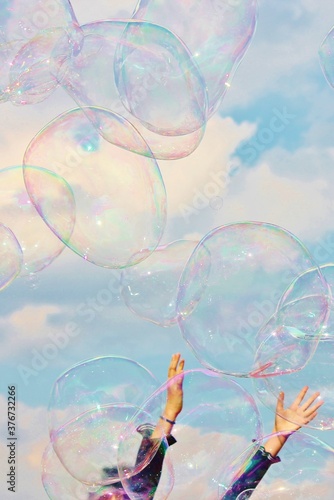 bubble Dreamy Soap Bubbles background floating on the breeze copy space