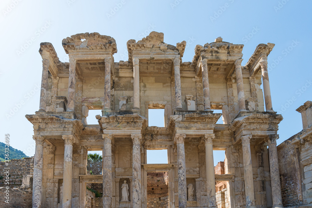 Ruins of the library of Celsus in Ephesus Turkey,. Ephesus contains the ancient largest collection of Roman ruins in the eastern Mediterranean