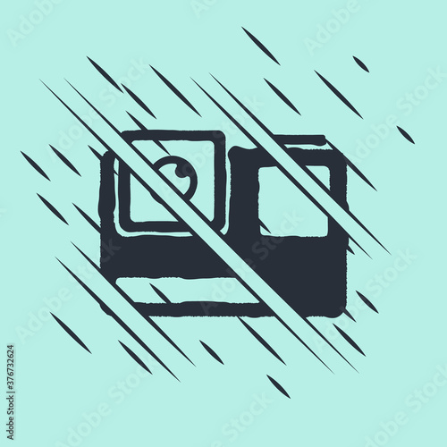 Black Action extreme camera icon isolated on green background. Video camera equipment for filming extreme sports. Glitch style. Vector Illustration.