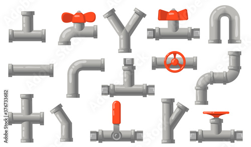 Plumbing pipes set. Grey metal tubes with valves, industrial pipelines, water drains isolated on white background. Flat vector illustrations for engineering, connection system concept