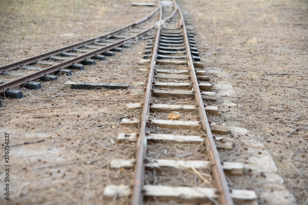 Small abandoned train tracks are a game for children. Small abandoned train tracks are a game for children.