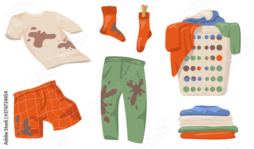 Dirty clothes set. T-shirts and socks with mud spots, pile of clothes in laundry basket, clean linen isolated on white background. Flat vector illustrations for housekeeping, cleanliness concept