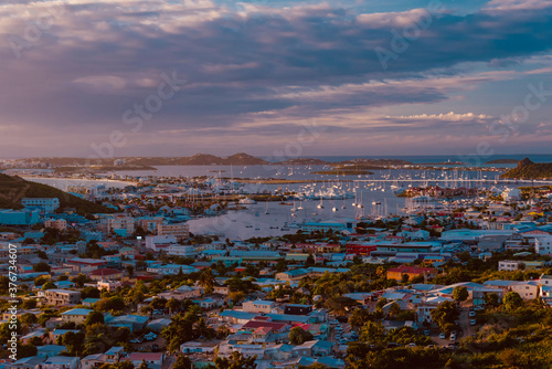 sint Maarten, Caribbean - January 20 2020: Aerial view of the Caribbean island of Sint Marteen at Sunset © DD25