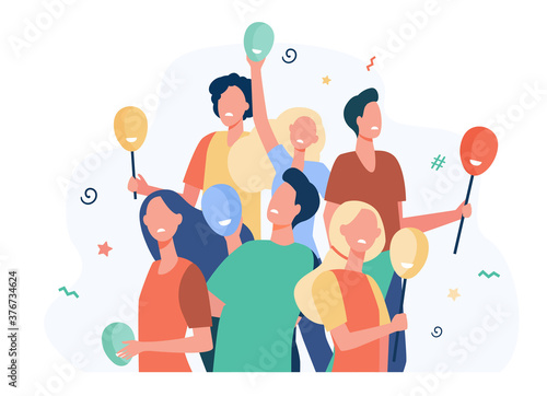 Depressed people hiding emotions under masks flat vector illustration. Cartoon sad guys and girls holding face masks. Personality and psychology concept