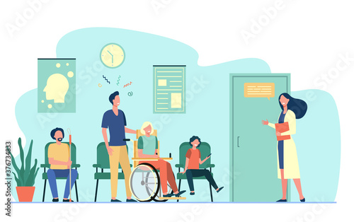 Patients in hospital waiting in line flat vector illustration. Cartoon characters talking with nurse, medical worker or therapist in corridor. Healthcare, health and medicine concept
