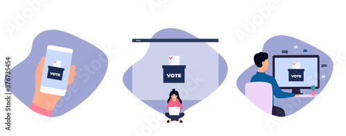 Remote voting. Woman votes from home via laptop. The guy is sitting in a chair at his desk in front of a computer monitor and cast a vote online. Hand holds the phone on which the ballot box
