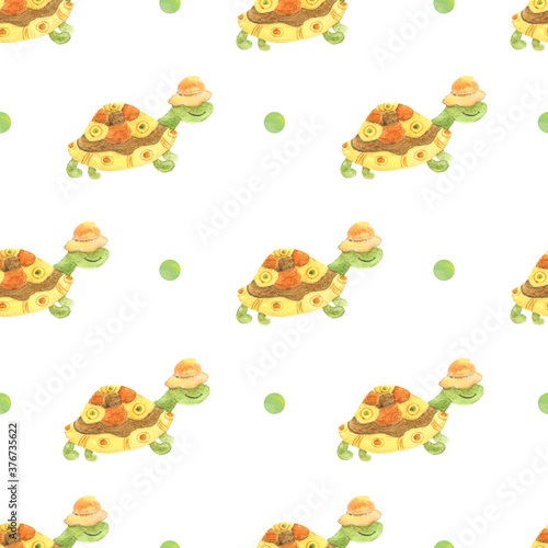 Turtle watercolor seamless pattern on white dotted background