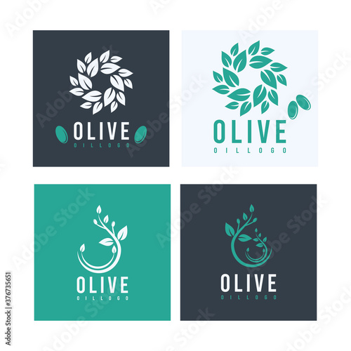 Olive Oil Flower Drops Logo Design Stock Vector. Art outline logo nature icon.