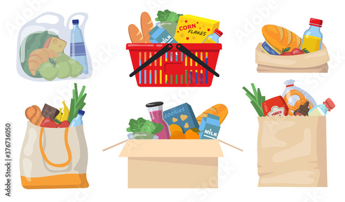 Grocery bags set. Plastic and paper packages, supermarket basket with food packs, cans, bread, milk products. Flat vector illustrations for shopping, food delivery, charity concept.