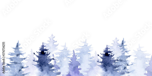 seamless border, web banner. watercolor blue spruce. abstract drawing of forest isolated on white background. symbol of traveling, nature, tourism, recreation isolated