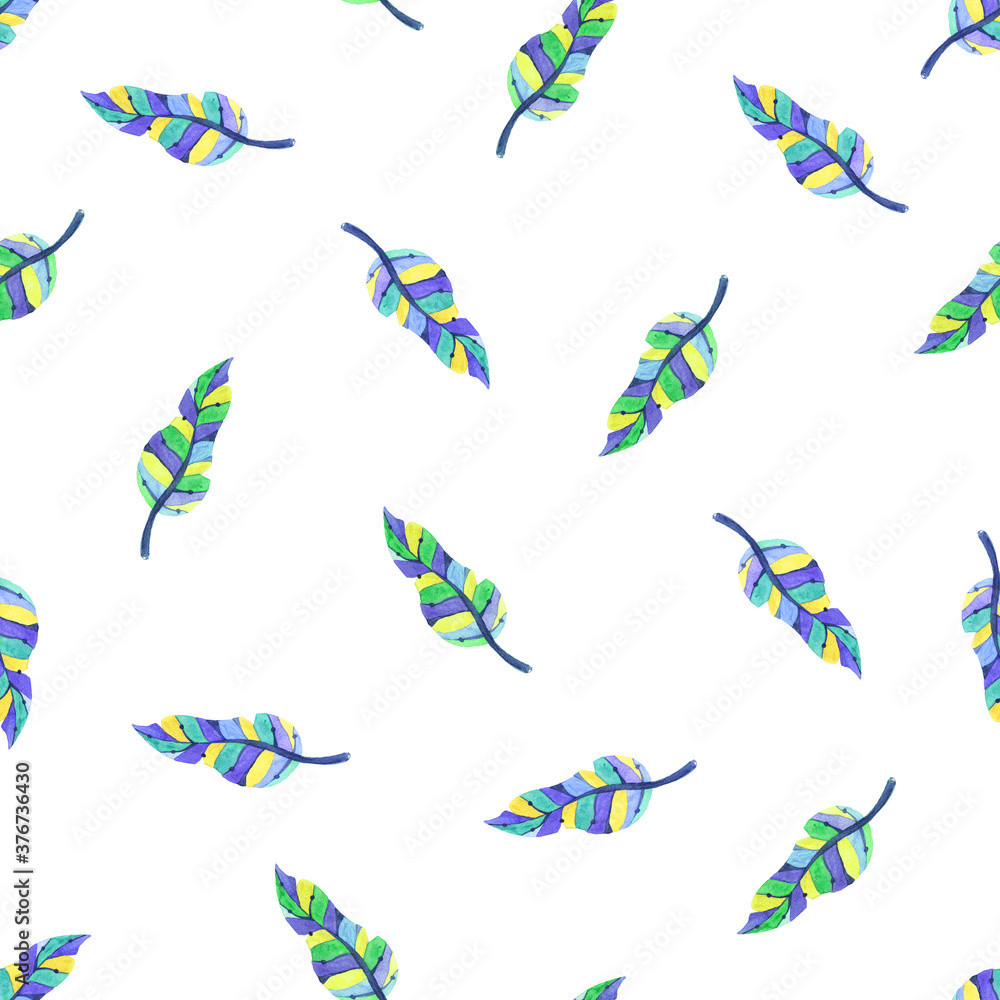 Obraz premium Feather watercolor seamless pattern in bright colors