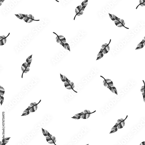 Feather watercolor seamless pattern. Black and white 