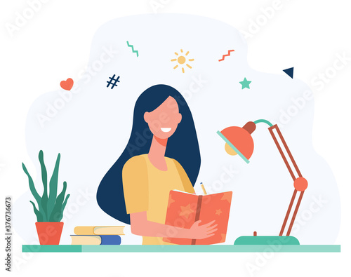 Girl writing in diary or journal isolated flat vector illustration. Cartoon teenager reading book or studying. Lifestyle and education concept