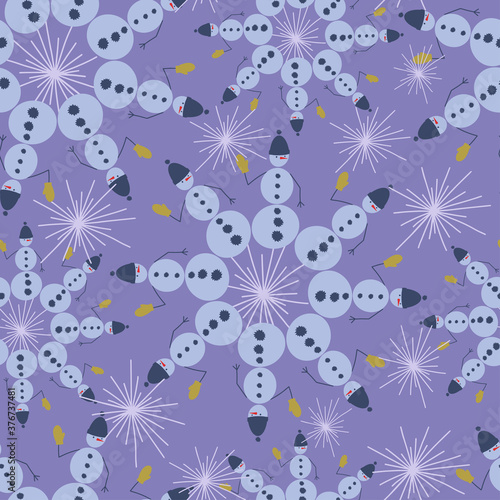 Colorful seamless vector pattern illustration card with abstract cartoon snowmen in circles in blue colors. Abstract design. Can be used for wrapping paper, backgrounds, textiles. 