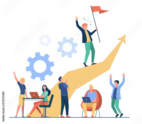 Business leader standing on arrow and holding flag flat vector illustration. Cartoon people training and doing business plan. Leadership, victory and challenge concept