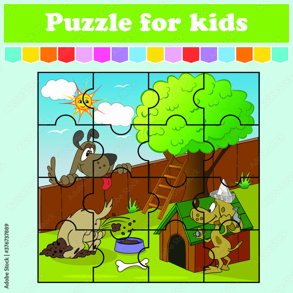 Puzzle game for kids. Illustration of a cartoon doghouse kennel near a