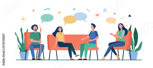Group therapy concept. People meeting and talking, discussing problems, giving and getting support. Vector illustration for counselling, addiction, psychologist job, support session concept.