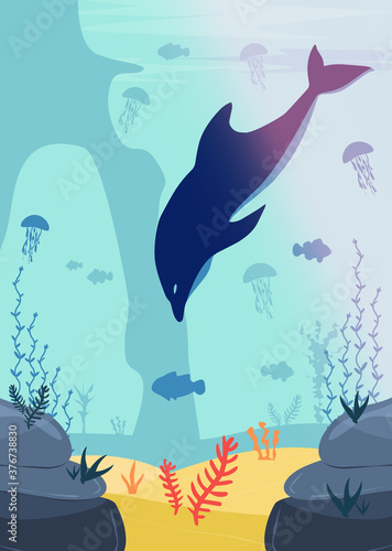 underwater world with dolphin  sand  rocks and its inhabitants