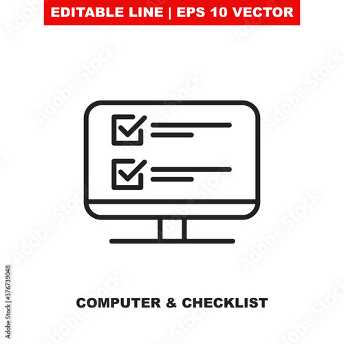 Online survey check list form on computer. Editable thin line vector icon of the computer monitor with abstract website application screen with a linear quiz checklist. Complete web questionnaire V1