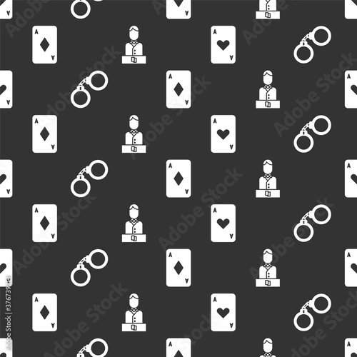 Set Playing card with heart, Handcuffs, Playing card with diamonds and Casino dealer on seamless pattern. Vector.