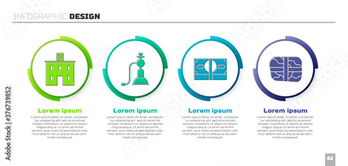Set Medical hospital building, Hookah, Stacks paper money cash and Package with cocaine. Business infographic template. Vector.