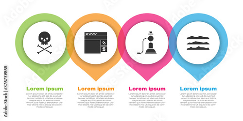 Set Skull on crossbones, Buying drugs online, Hookah and Cocaine or heroin drug. Business infographic template. Vector.