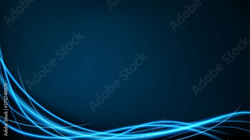Abstract blue wavy line of light on dark blue background. Neon motion effect widescreen ratio. Vector Illustration