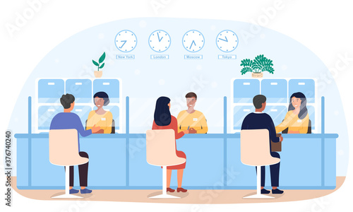 Bank employees providing financial services to clients. Flat vector illustration