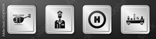 Set Helicopter, Pilot, Helicopter landing pad and Airport luggage towing truck icon. Silver square button. Vector.