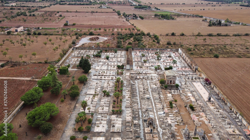 Aerial view of a Campos cementery. Mallorca island