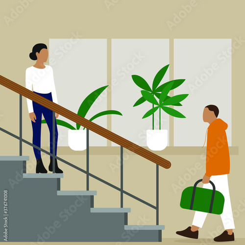 
A female character stands on the stairs, and a male character goes to the stairs with a bag in his hand
