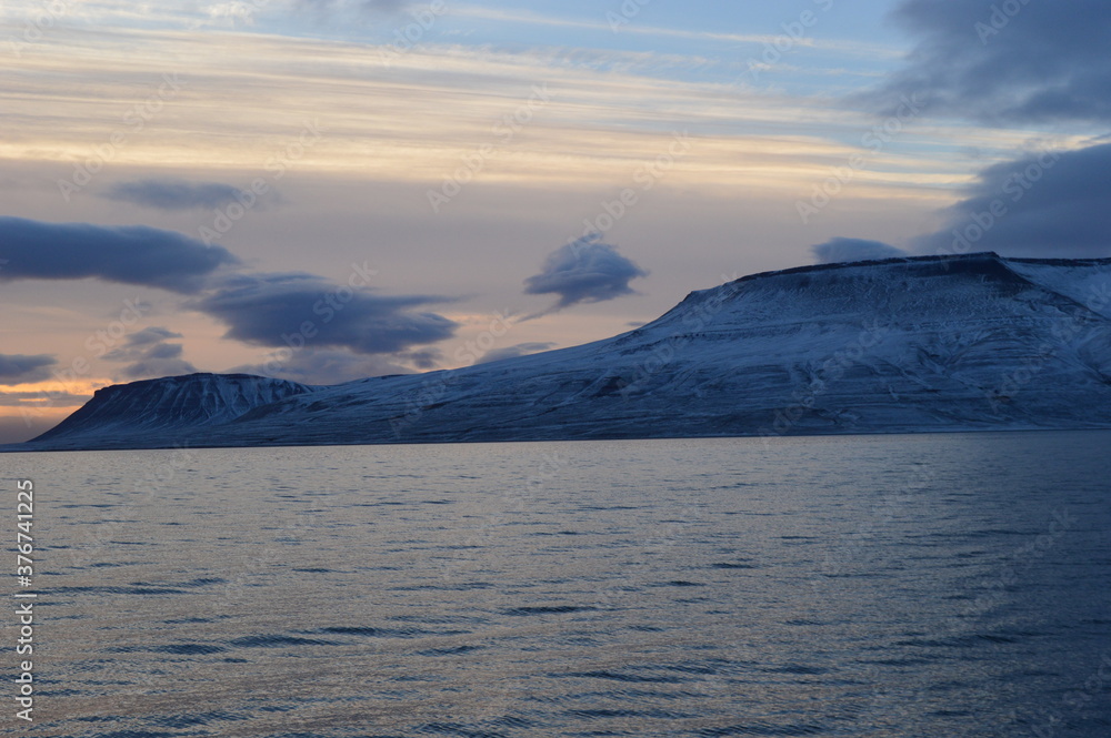Sunset in the ice fjords of the Norwegian Archipelago of Svalbard (Spitsbergen), Norway