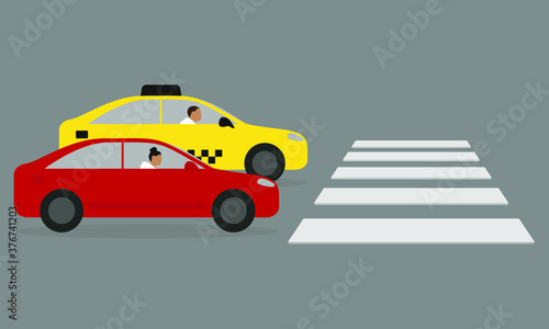 Fototapeta Naklejka Na Ścianę i Meble -  Red passenger car and taxi with drivers near a pedestrian crossing