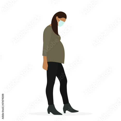 Pregnant female character in medical mask on a white background