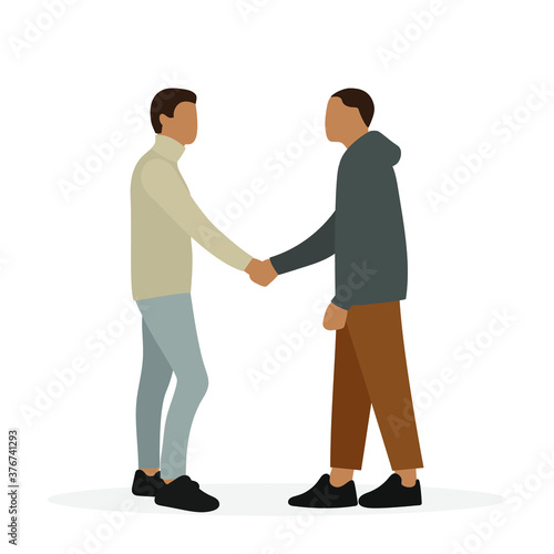 Two male characters holding hands on a white background