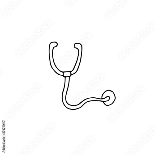 Stethoscope or phonendoscope. Medical instrument. Hand drawn doodle illustrations. Black and white outline. Breathing, lungs, bronchitis, cough, coronavirus