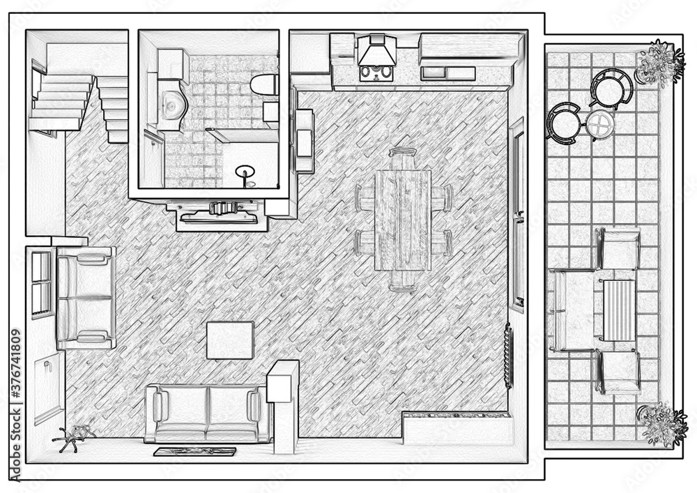 Sketch Floor Plan 3d Illustration Floor Plan 3d With The Furniture 