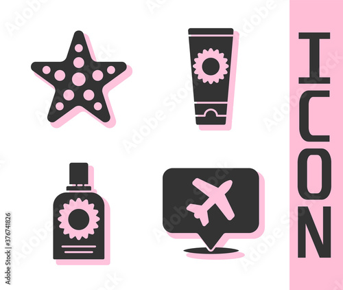 Set Speech bubble with airplane, Starfish, Sunscreen spray bottle and Sunscreen cream in tube icon. Vector.