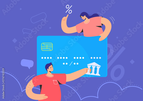 Family banking and blue credit card interest rate. Flat vector illustration of man and woman holding a big credit card to represent some new features online banking and investing money for profit
