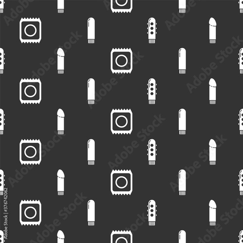 Set Dildo vibrator, Dildo vibrator, Condom in package safe sex and Dildo vibrator on seamless pattern. Vector.