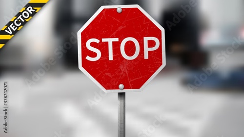 Stop traffic sign, red road sign on blurred traffic background, isolated and easy to edit. Vector Illustration