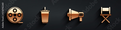 Set Film reel, Paper glass with water, Megaphone and Director movie chair icon with long shadow. Vector.