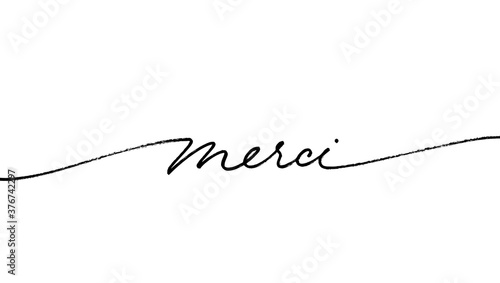 Thank you in French, ink brush style vector lettering. Merci phrase handwritten vector calligraphy with swooshes. Modern brush lettering isolated on white background. Postcard, greeting card, t shirt photo