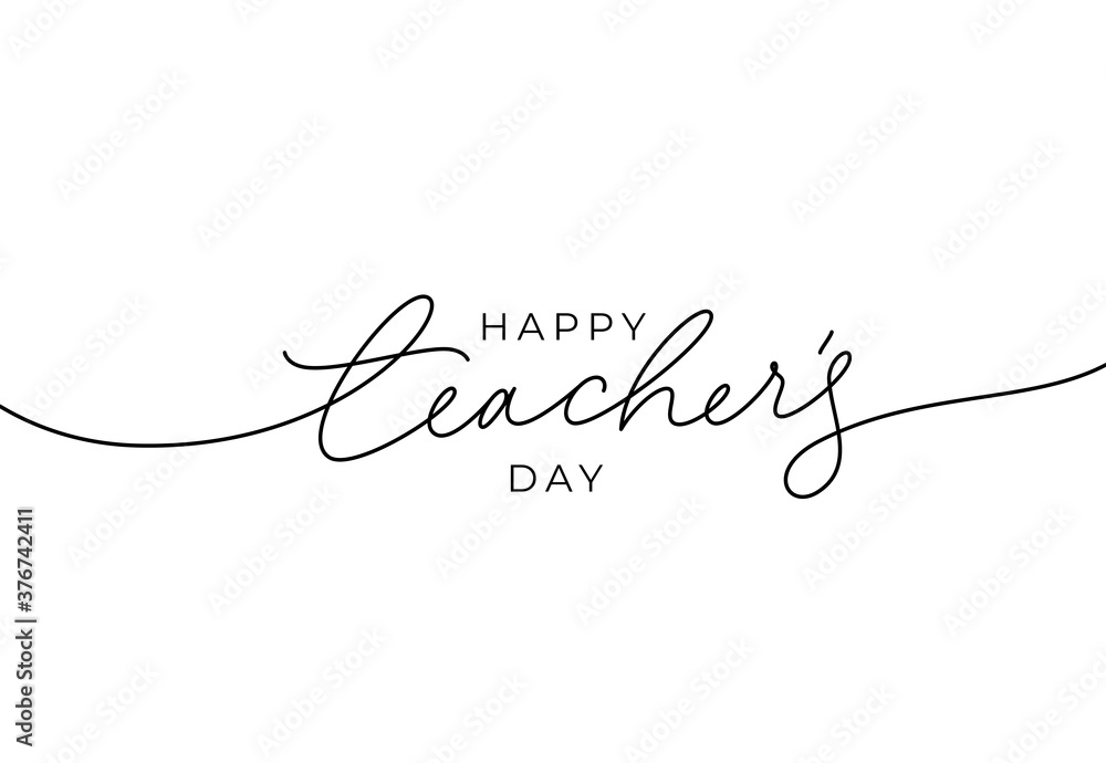 Happy Teacher's day greeting card. Hand drawn line vector calligraphy isolated on white background. Lettering design for greeting card, invitation, logo, stamp or teacher's day banner.