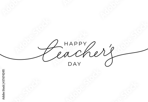 Happy Teacher's day greeting card. Hand drawn line vector calligraphy isolated on white background. Lettering design for greeting card, invitation, logo, stamp or teacher's day banner.