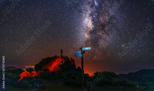 Slika na platnu Signs below the beautiful lactea way of the Caldera de Taburiente near the Roque de los Muchahos on the island of La Palma, Canary Islands