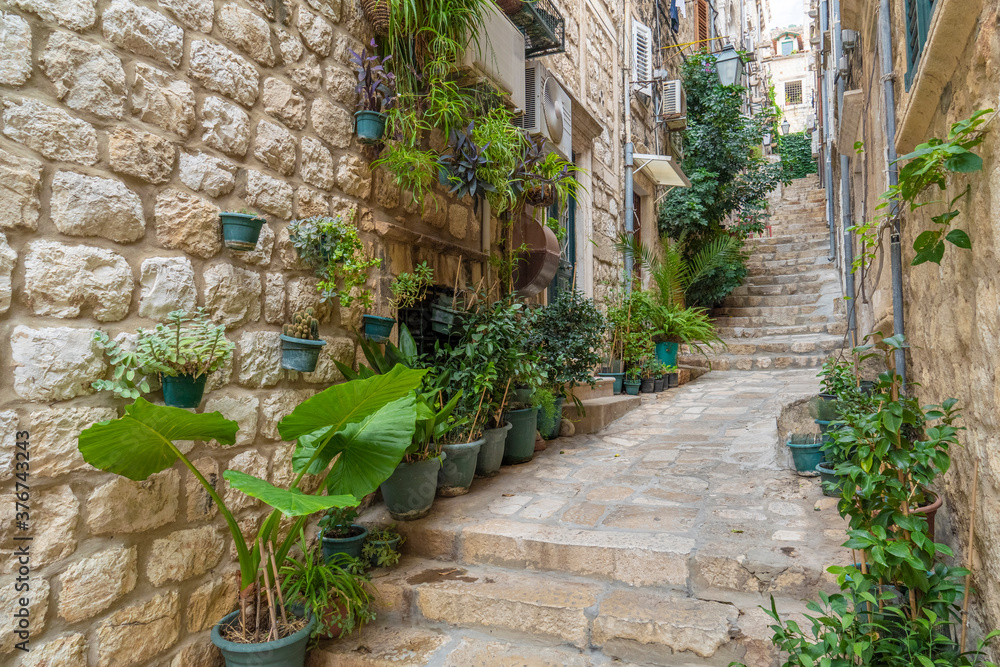 Mediterranean street in the old town of Dubrovnik 