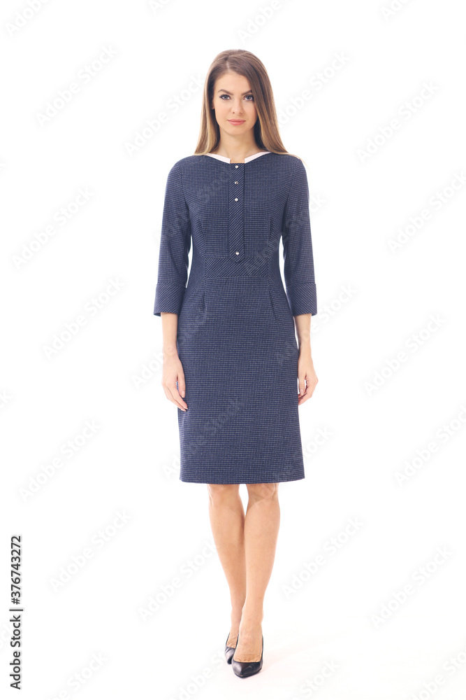 business woman in blue formal dress white collar high heels shoes business woman in blue formal dress white collar high heels shoes