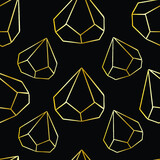 Golden diamond crystal geometric abstract seamless pattern. Outline florarium stone accessory decoration isolated on black. Gold metal background.